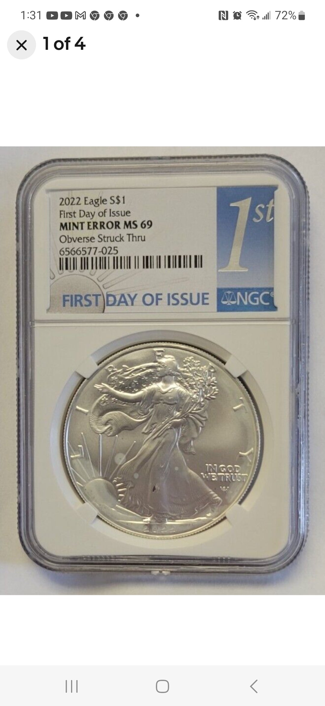 2022 W $1 ASE MS69 MINT ERROR OBVERSE STRUCK THRU NGC-MULE