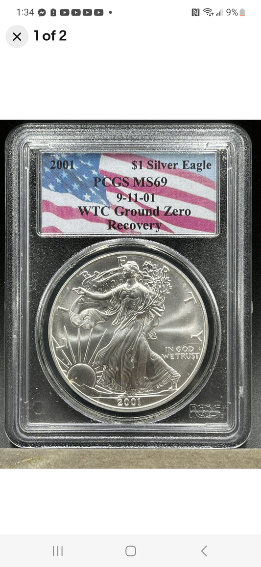 2001 $1 ASE MS69 WORLD TRADE CENTER GROUND ZERO RECOVERY 9-11-01 PGCS