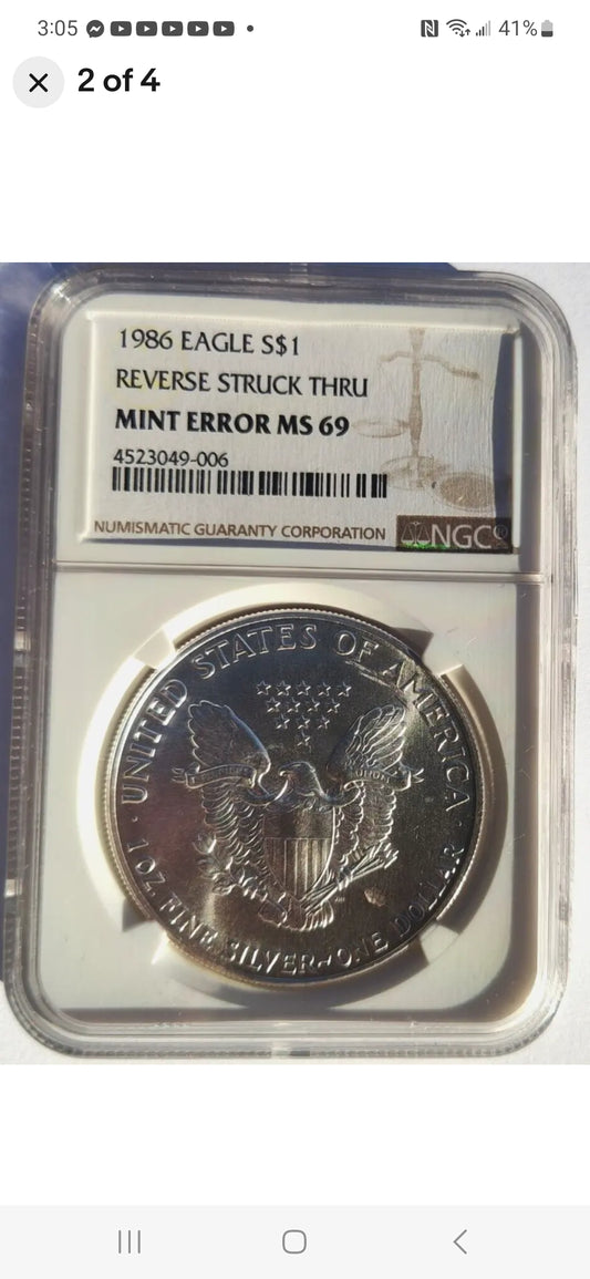 1986 $1 ASE MS69 MINT ERROR REVERSE STRUCK THRU NGC "FIRST YEAR OF ISSUE " FINEST KNOWN MULE NGC .999 FINE SILVER