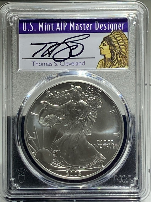 2002 $1 PCGS MS70 SILVER EAGLE SIGNED BY THOMAS CLEVELAND - Goldstar Mint 