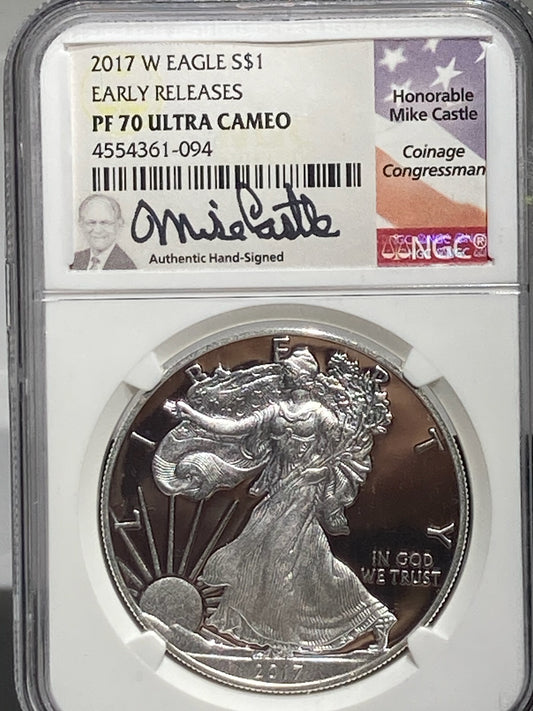 2017 W $1 SILVER EAGLE NGC PR70 ULTRA CAMEO SIGNED BY MIKE CASTLE- 225TH ANNV. US MINT - Goldstar Mint 