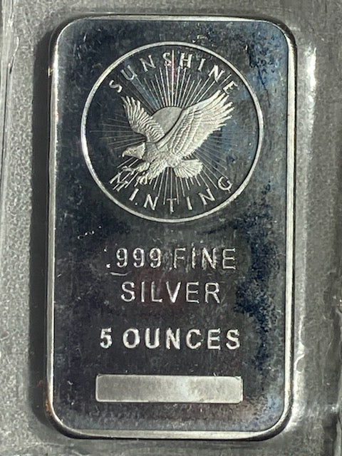 .999 FINE SILVER 5OZ BAR - SUNSHINE MINT - Goldstar Mint 